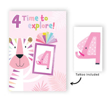 Load image into Gallery viewer, Tiger 4th Birthday Card With Number 4 Temporary Tattoo