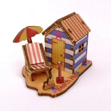 Load image into Gallery viewer, Beach Huts 3D Pop Up Wooden Postcard