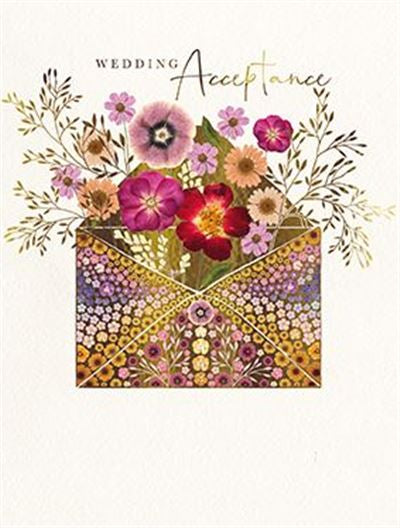 Pressed Flowers in Golden Envelope Wedding Acceptance Card