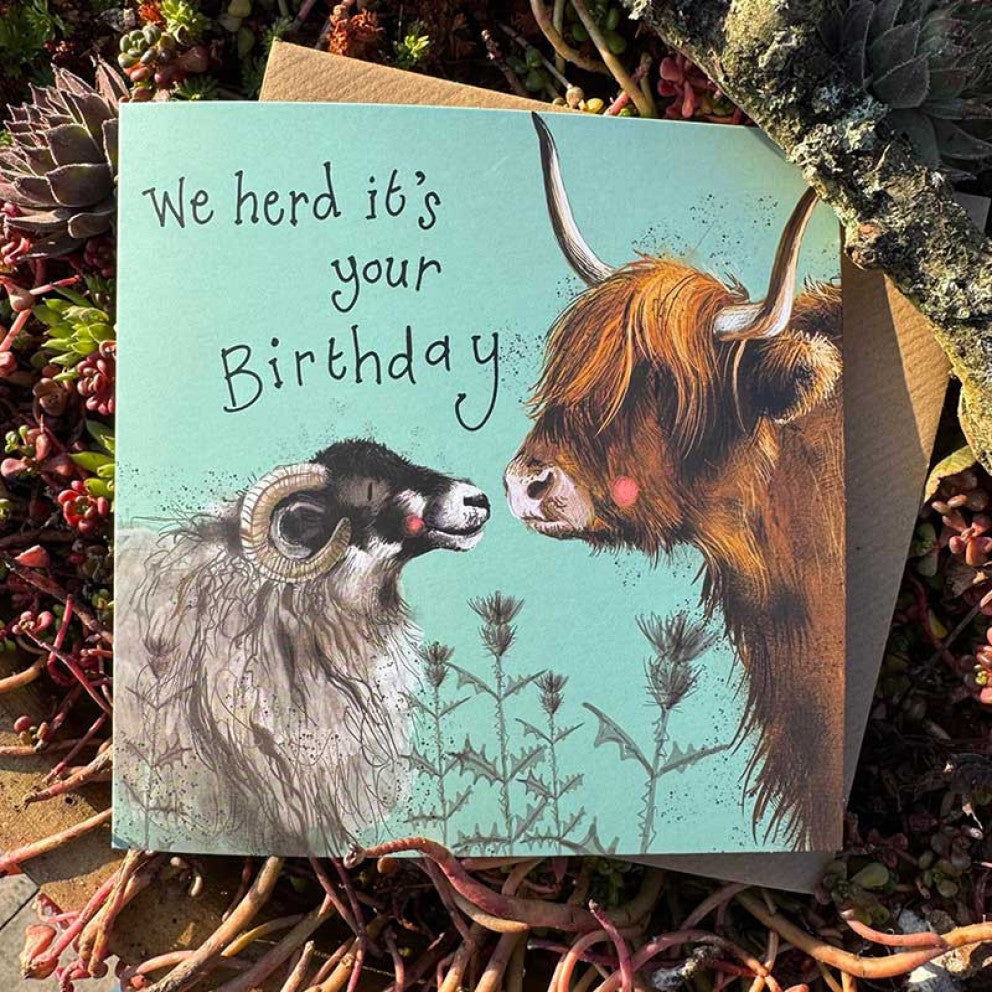 ‘Farmyard Friends’ Ewe & Highland Cow Birthday Card by Alex Clark