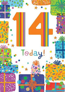 Multi-Coloured Presents 14th Birthday Card