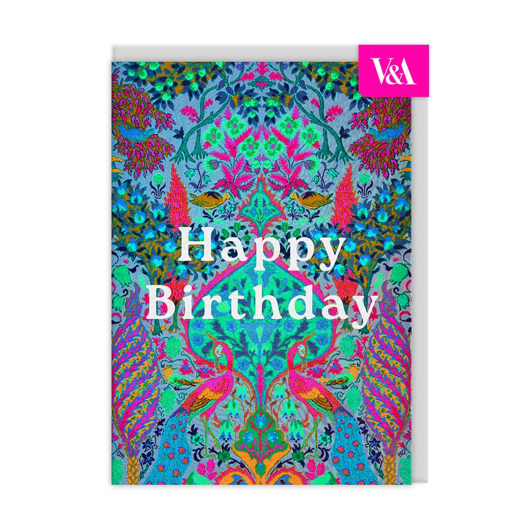 Neon Floral Peacock Blank Greeting Card