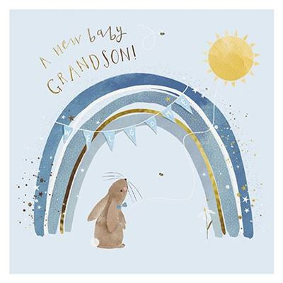 Little Bunny Rabbit and Rainbow New Grandson Card