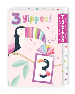 Toucan 3rd Birthday Card With Number 3 Temporary Tattoo