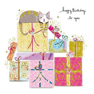 Cat Lying On Presents Birthday Card