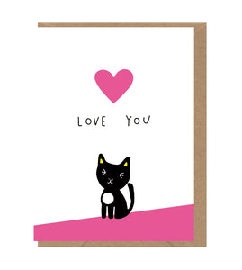 Black Cat Playing With Pink Heart I Love You Blank Card