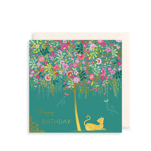 Gold Cat Under A Pink Flower Tree Birthday Card by Sara Miller