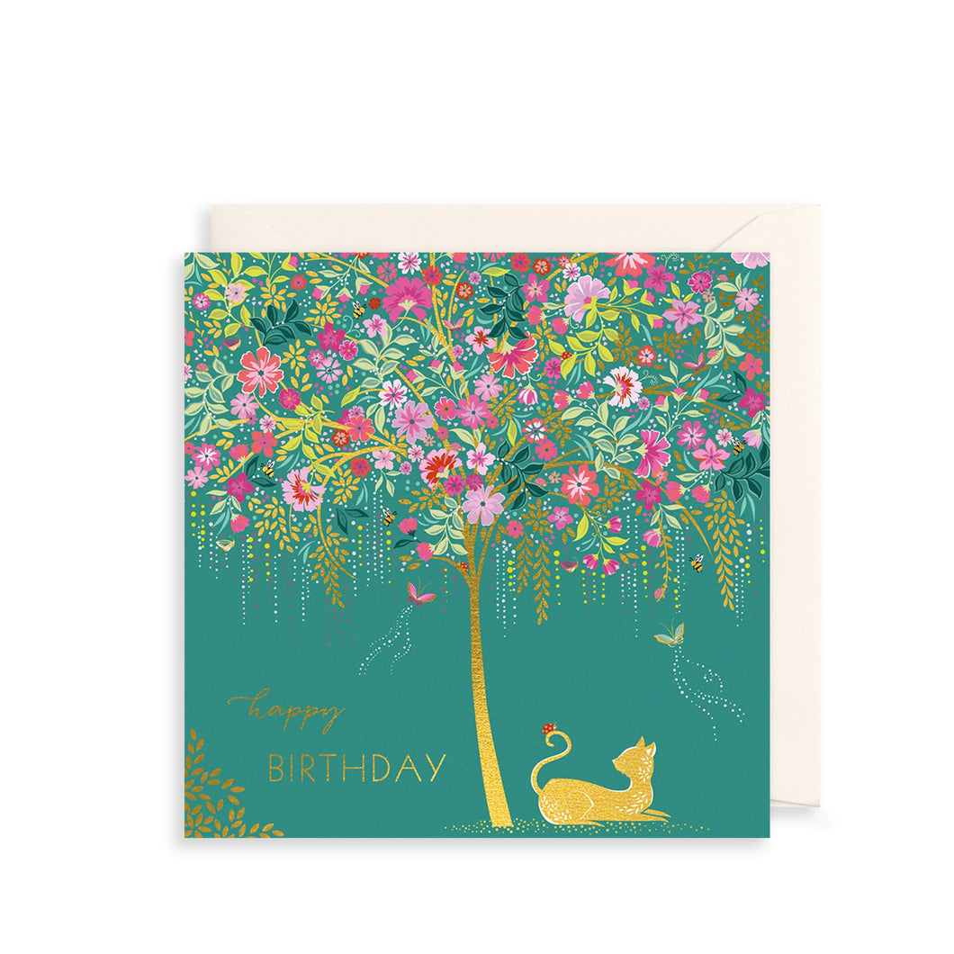 Gold Cat Under A Pink Flower Tree Birthday Card by Sara Miller