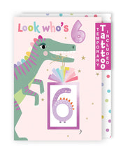 Load image into Gallery viewer, Dinosaur Birthday 6th Card With Number 6 Temporary Tattoo
