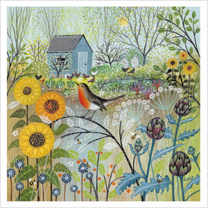 Robin In Garden Sunflowers Blank Card