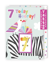 Load image into Gallery viewer, Zebra &amp; Bird 7th Birthday Card With Number  7 Temporary Tattoo
