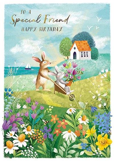 Bunnies on Wheelbarrow and Flowers Special Friend Birthday Card