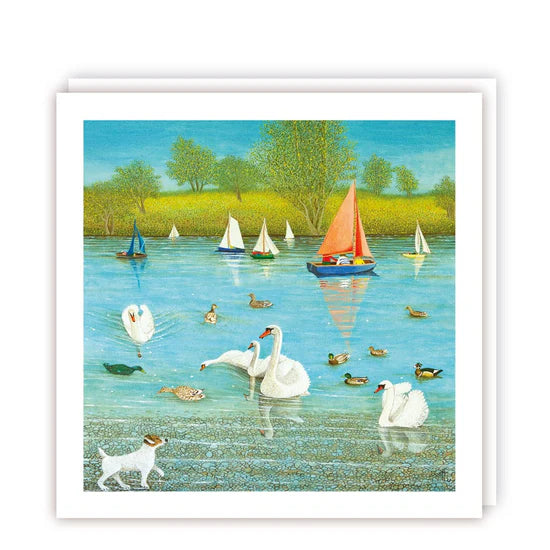 Sailing Boats And Swans Lake Scene  Card