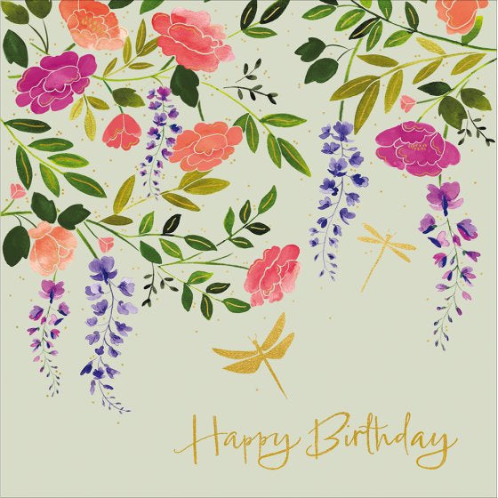 Gold Dragonfly Rose Bush Birthday Card