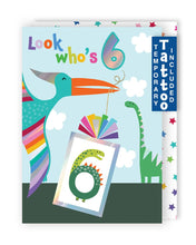 Load image into Gallery viewer, Dinosaur 6th Birthday Card With Number 6 Temporary Tattoo
