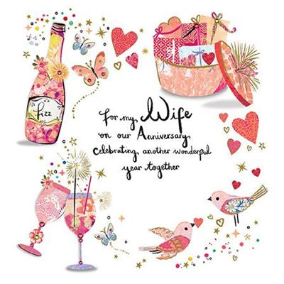 Presents, Birds And Champagne Wife Anniversary Card