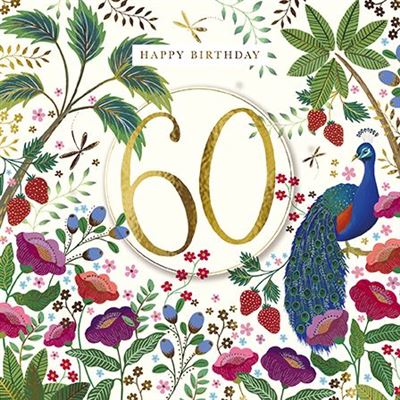 60th Birthday Peacock & Flowers Card