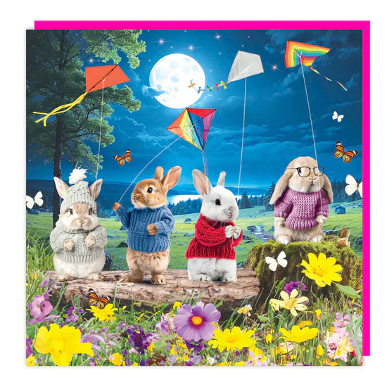 Bunnies In Jumper Kite Flying Blank Lenticular 3D Card