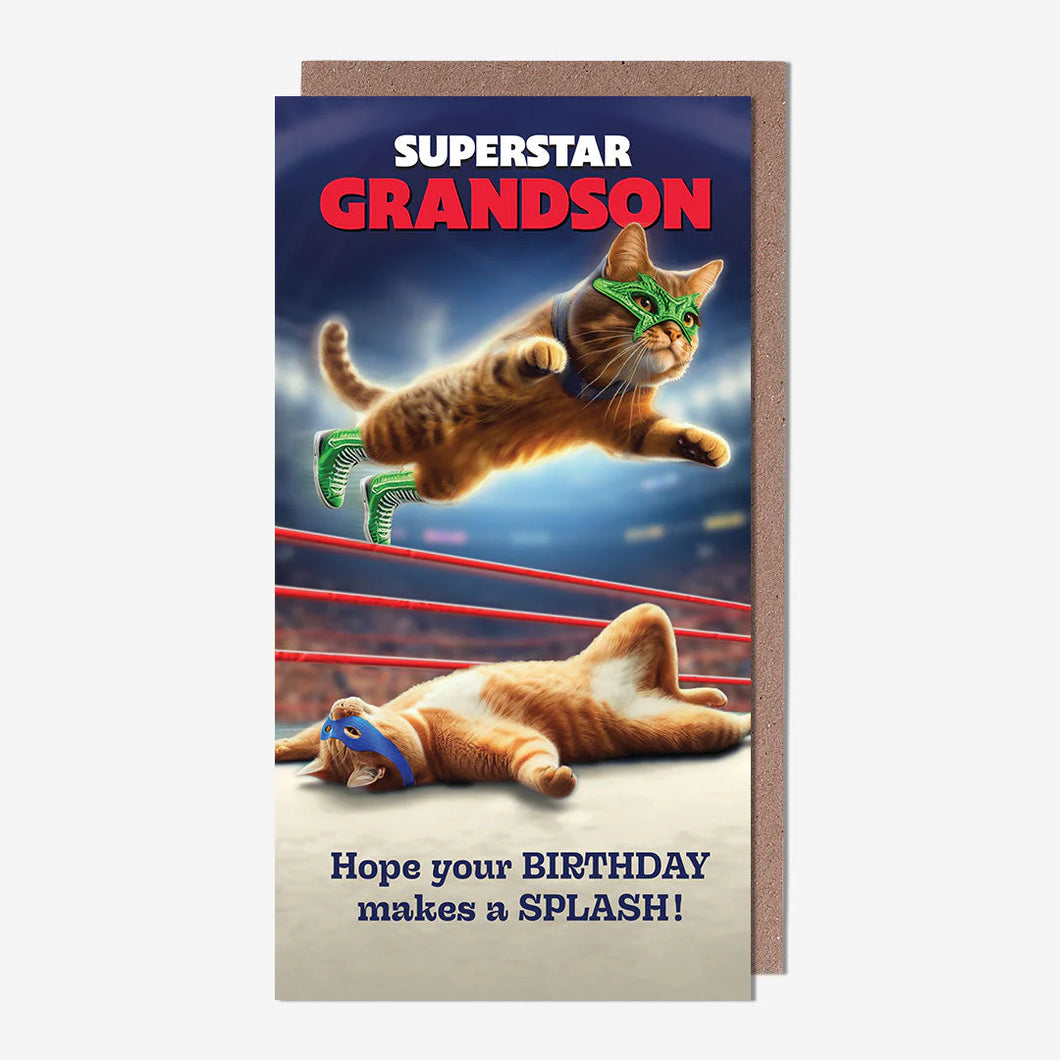 Cat Wrestler Grandson Birthday Card