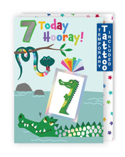 Load image into Gallery viewer, Crocodile 7th Birthday Card With Number  7 Temporary Tattoo
