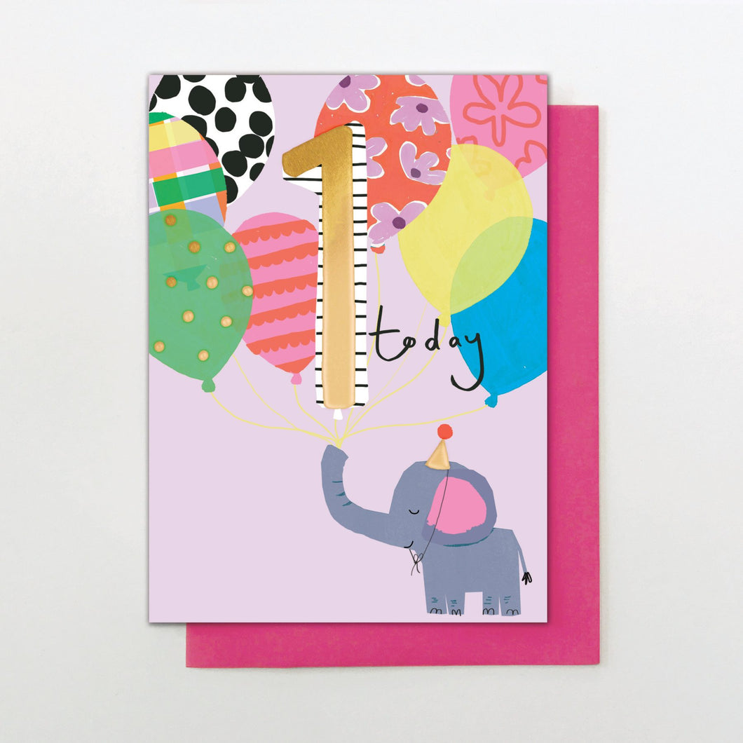 Elephant & Party Balloons 1st Birthday Card