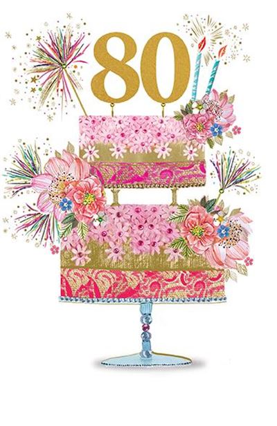 Pink Flower Cake 80th Birthday Card