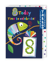 Load image into Gallery viewer, Chameleon &amp; Snake 8th Birthday Card With Number  8 Temporary Tattoo
