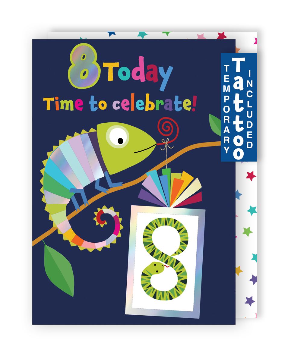 Chameleon & Snake 8th Birthday Card With Number  8 Temporary Tattoo