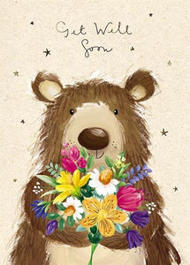 Teddy Bear With Flowers Get Well Card