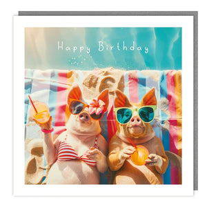 Sun Bathing Pigs Drinking Cocktails On The Beach  Birthday Card