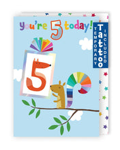 Load image into Gallery viewer, Squirrel &amp; Fox 5th Birthday Card With Number 5 Temporary Tattoo
