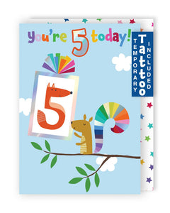Squirrel & Fox 5th Birthday Card With Number 5 Temporary Tattoo