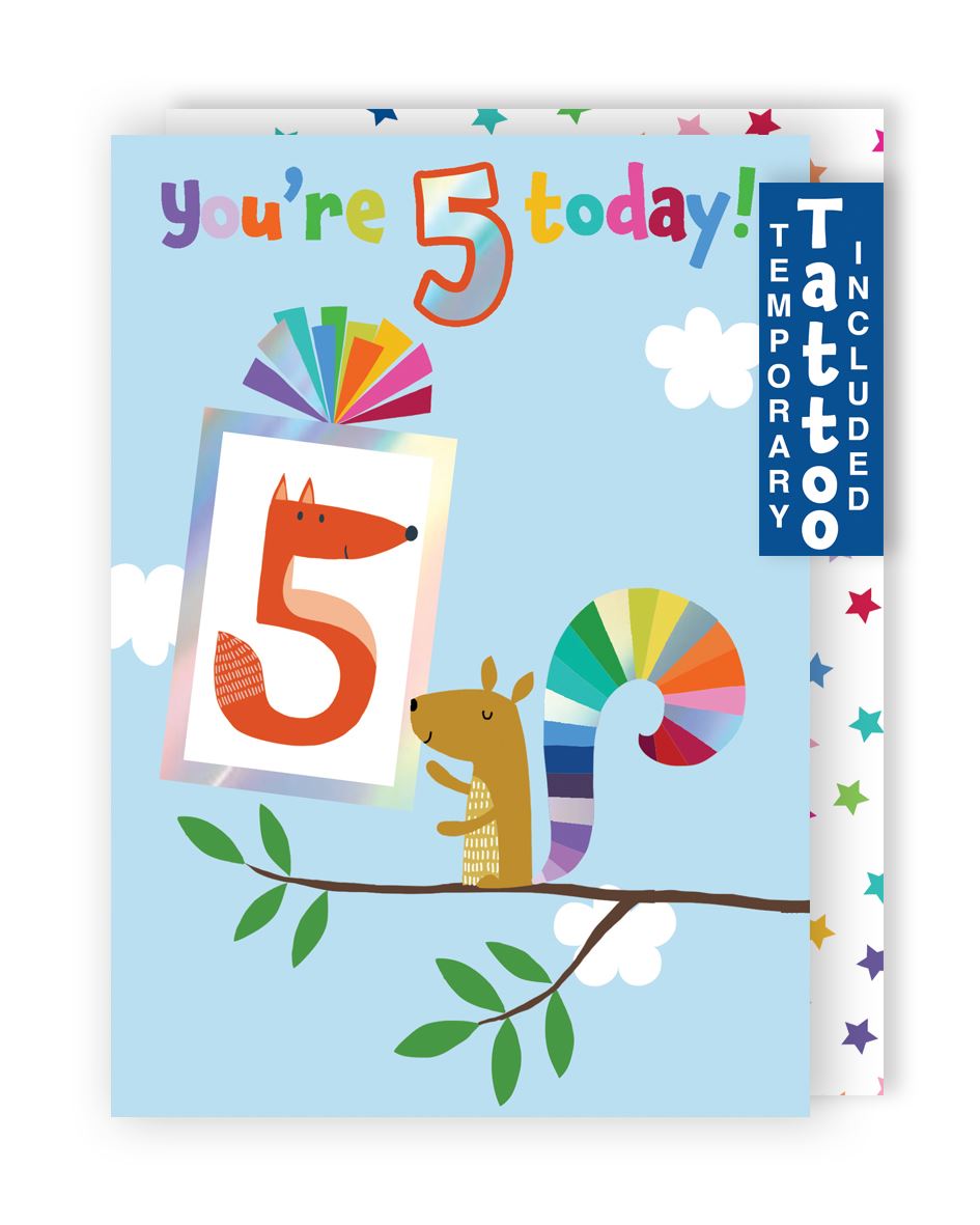 Squirrel & Fox 5th Birthday Card With Number 5 Temporary Tattoo