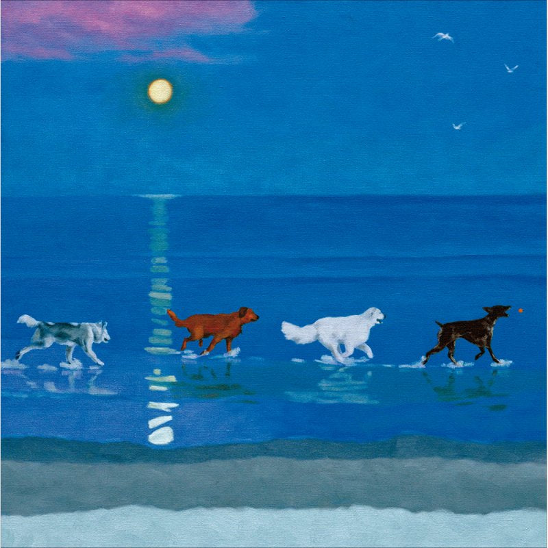 Under The Rising Moon, Dogs Beach Scene Blank Card