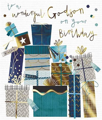 Stack of Gifts Godson Birthday Card