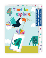 Load image into Gallery viewer, Parrot 4th Birthday Card With Number 4 Temporary Tattoo
