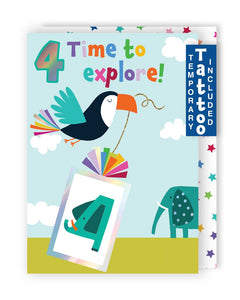 Parrot 4th Birthday Card With Number 4 Temporary Tattoo