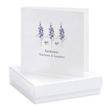 Load image into Gallery viewer, ‘Larkspur Kindness &amp; Laughter’ Lavender Boxed Heart Stud Earrings Card
