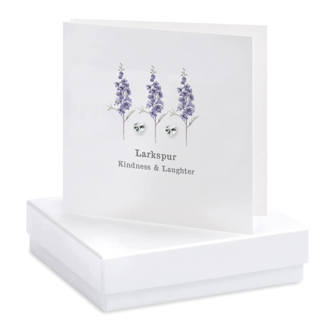 ‘Larkspur Kindness & Laughter’ Lavender Boxed Heart Stud Earrings Card