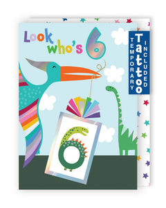 Dinosaur 6th Birthday Card With Number 6 Temporary Tattoo