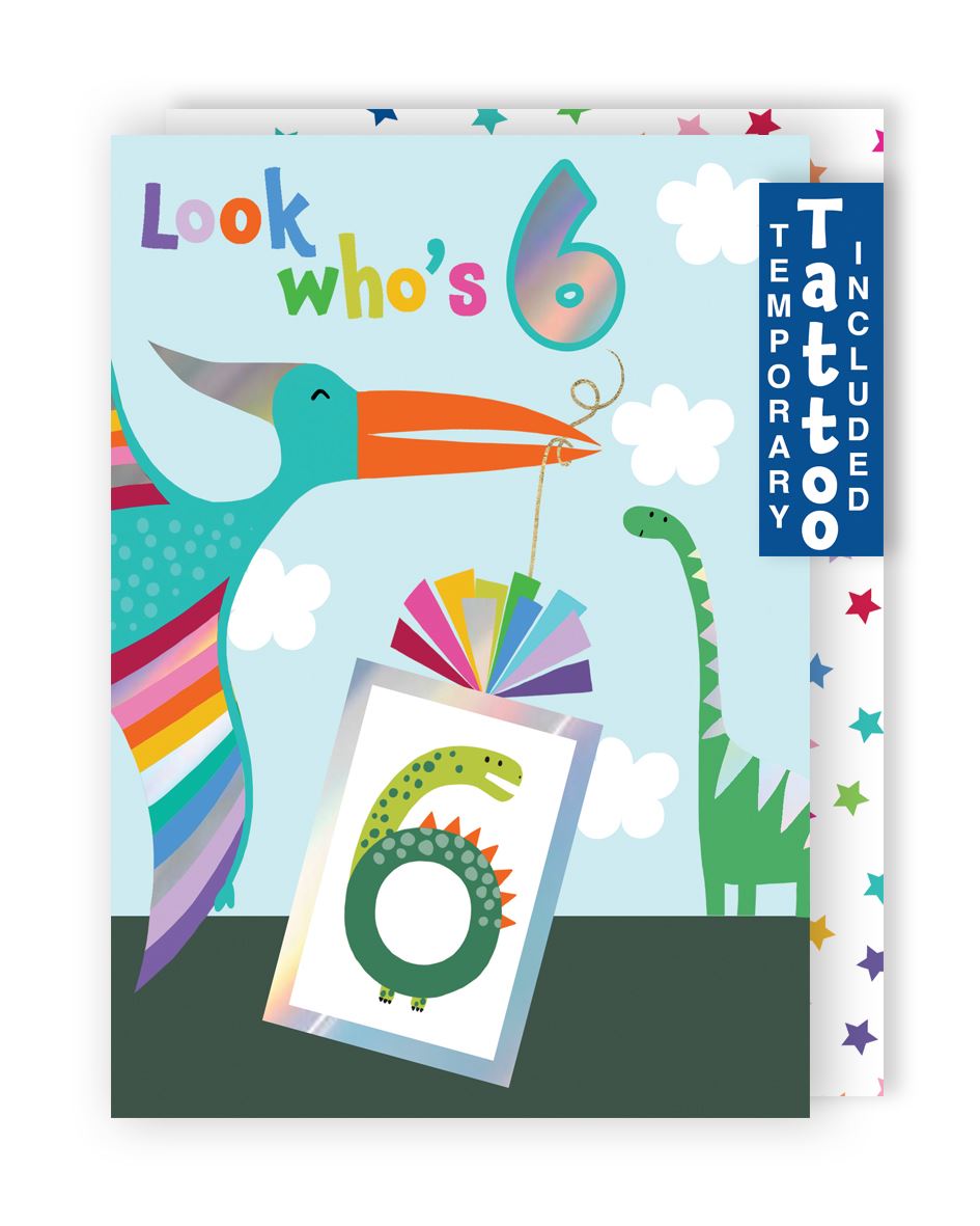 Dinosaur 6th Birthday Card With Number 6 Temporary Tattoo