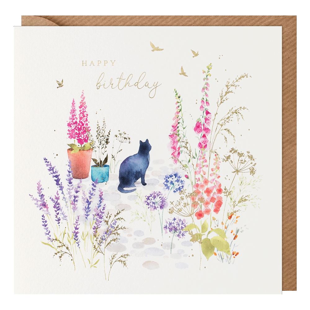 Black Cat In A Flower Garden Birthday Card