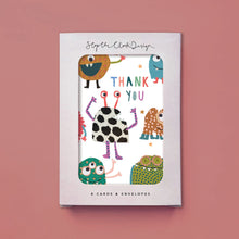 Load image into Gallery viewer, Pack Of 8 Thank You Cards Cartoon Monster Design
