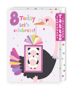 Panda & Ostrich 8th Birthday Card With Number  8 Temporary Tattoo