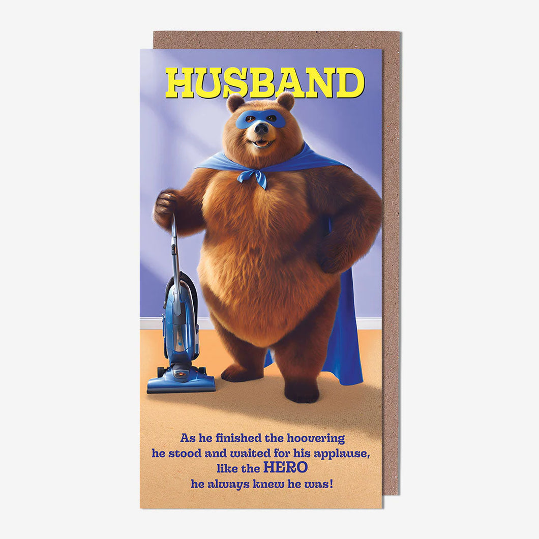 Hoovering Bear Husband Birthday Card