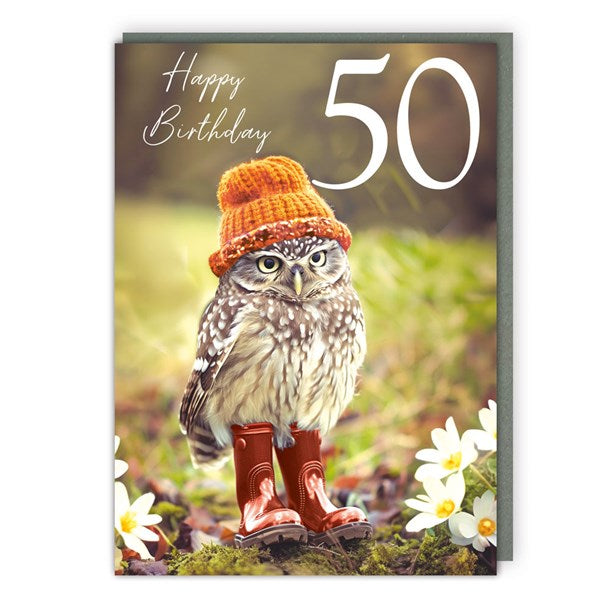 Owl In A Hat & Wellies 50th Birthday Card