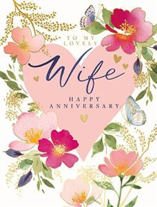 Pink Heart and Flowers Lovely Wife Anniversary Card