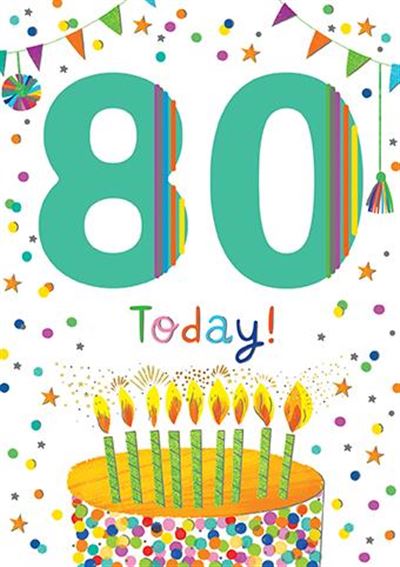 Multi-Coloured Cake And Decorations 80th Birthday Card