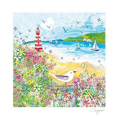 Seaside Scene With Flower Meadow, Lighthouse And Seagull Blank Card