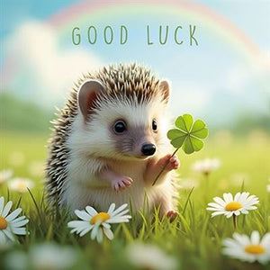 Hedgehog, Four Leaf Clover Good Luck Card
